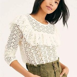 Free People Beach Feel the Love Ivory Ruffled 3/4 Sleeve Crochet Open Knit Top